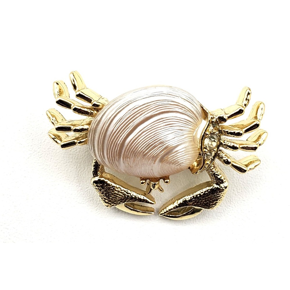 Vintage Crab w Rhinestones & Sea‎ Shell Body Pin Brooch Gold Tone